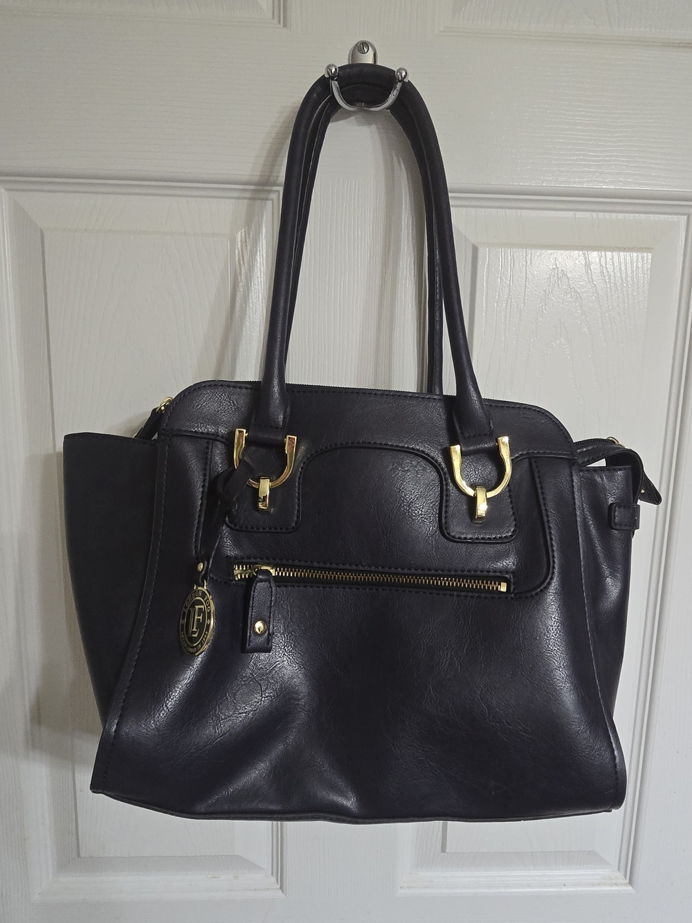 London Fog Dark Blue Shoulder Bag with Gold Hardware
